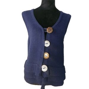 Pure Handknit Women's Sleeveless Sweater Vest Top Navy SZ M/L Decorative Button